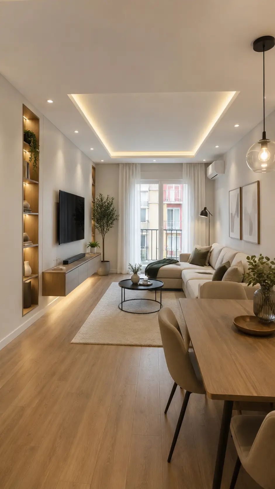 Reforma integral de salón con foseado de luz indirecta en el techo y suelo laminado en Alicante